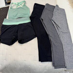 lot of Lululemon-shorts set, 3 pairs cropped leggings-black, dk gray, gray-XS